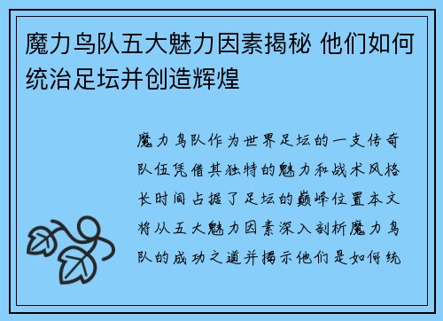 魔力鸟队五大魅力因素揭秘 他们如何统治足坛并创造辉煌 魔力鸟队五大魅力因素揭秘 他们如何统治足坛并创造辉煌